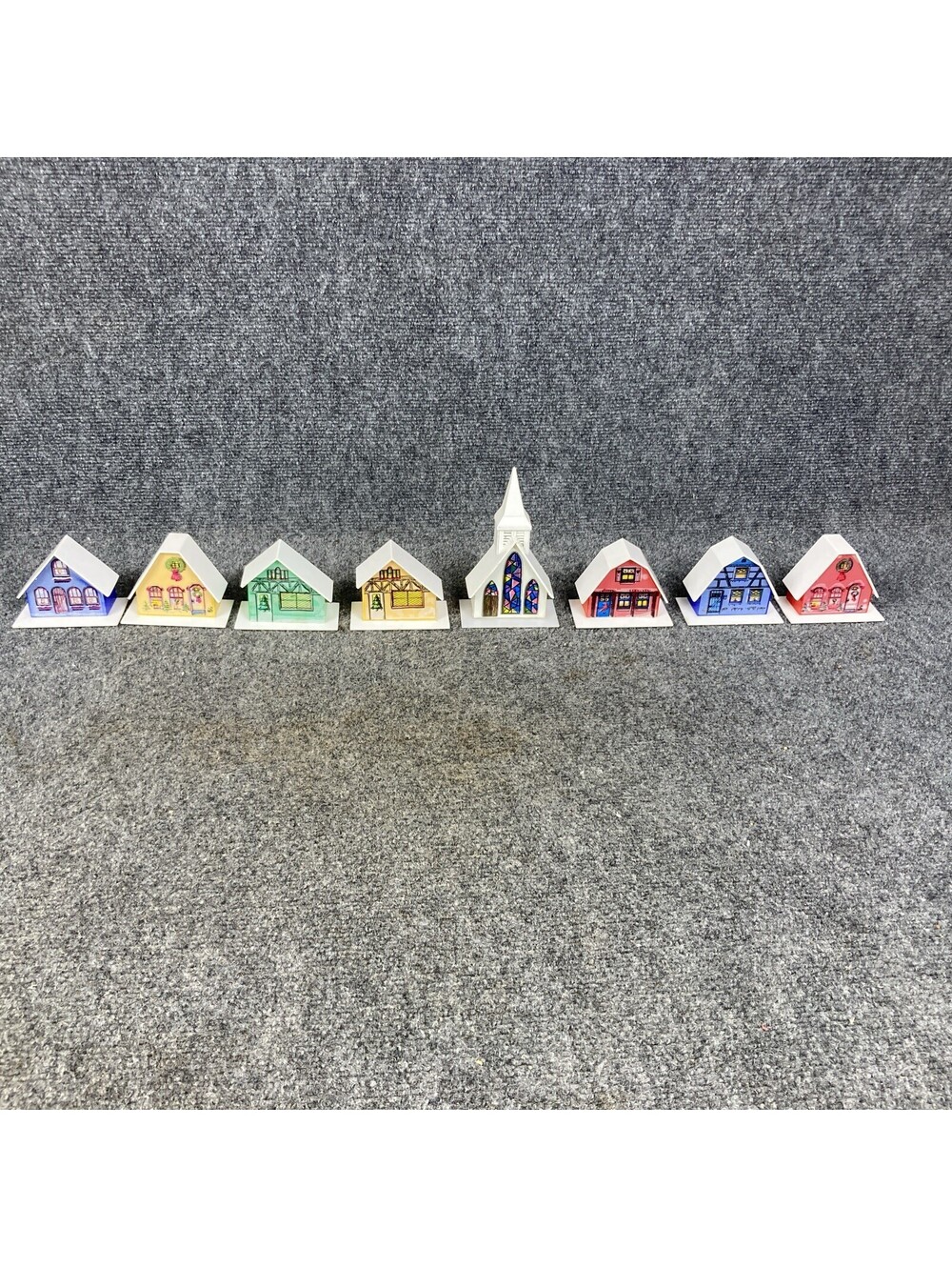 Set of 8 Vintage Mid Century Alpine Village w/ Church Christmas Light Cover Set